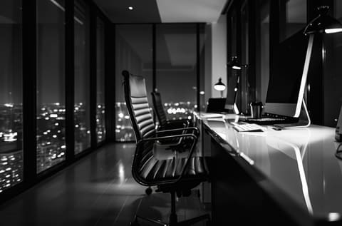 A dark office at night with the city beyond